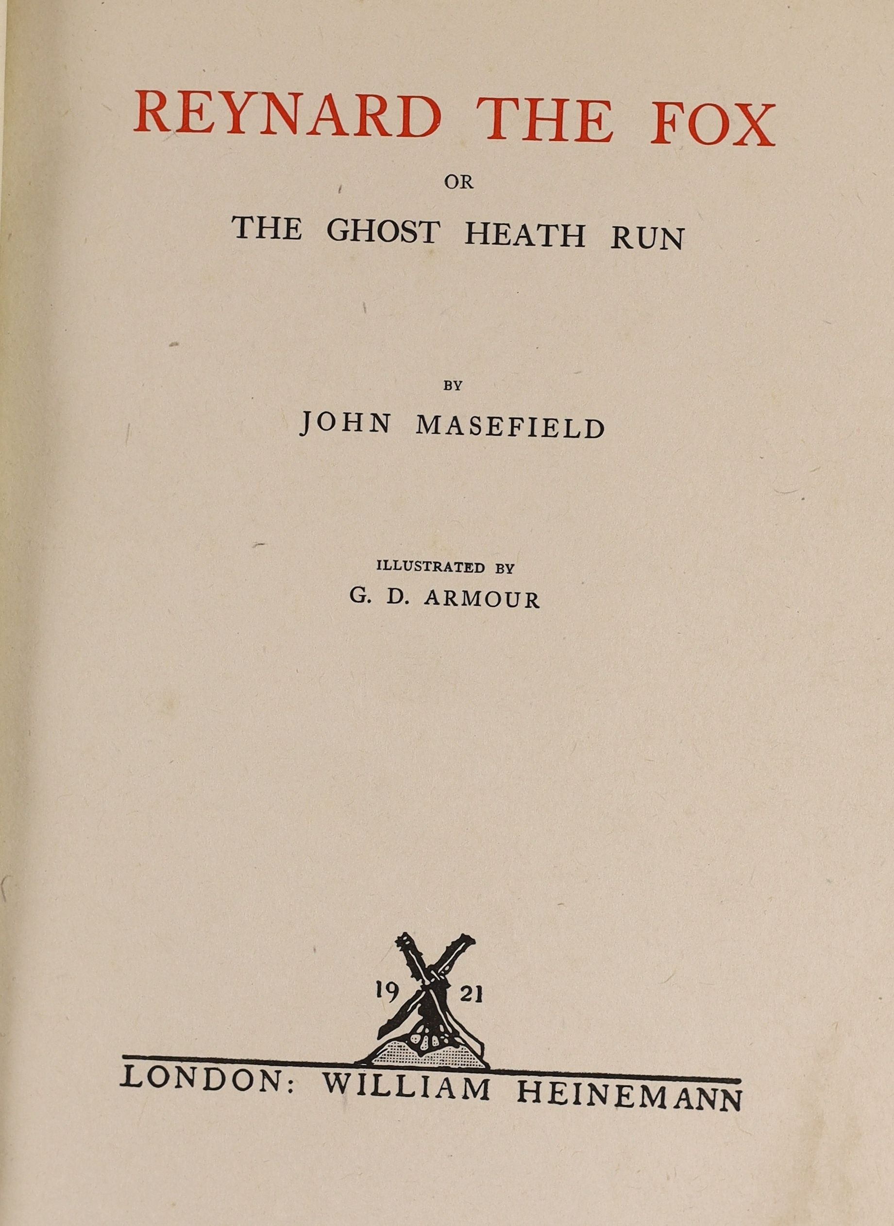 Masefield, John - Reynard the Fox, illustrated by G.D. Armour, 4to, half morocco, ink presentation inscription to front inner board, William Heinemann, London, 1921; Fore’s Sporting Notes & Sketches, vol. 1 only, London,
